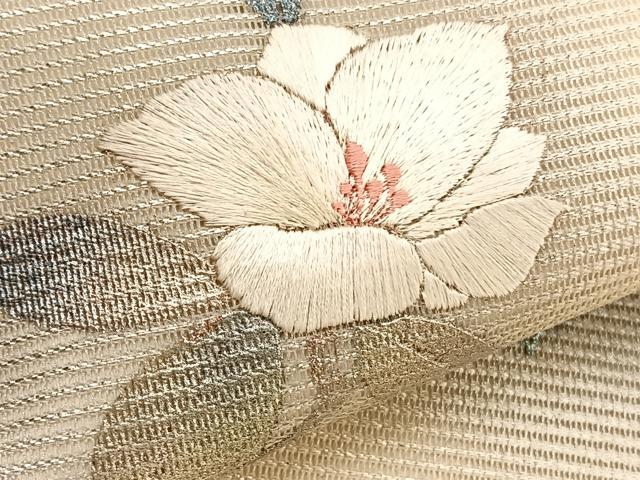 平和屋着物＊夏物　九寸名古屋帯　刺繍　枝花文　銀彩　正絹　逸品　BAAY4059hv