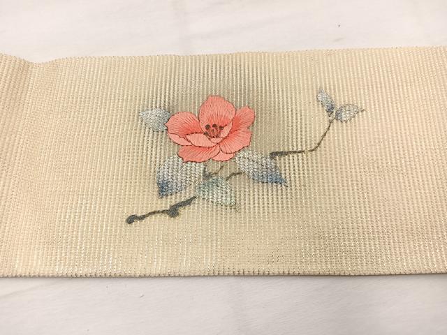 平和屋着物＊夏物　九寸名古屋帯　刺繍　枝花文　銀彩　正絹　逸品　BAAY4059hv