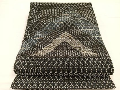 平和屋着物＊夏物　八寸名古屋帯　幾何学文様　黒地　正絹　逸品　BAAY4064hv