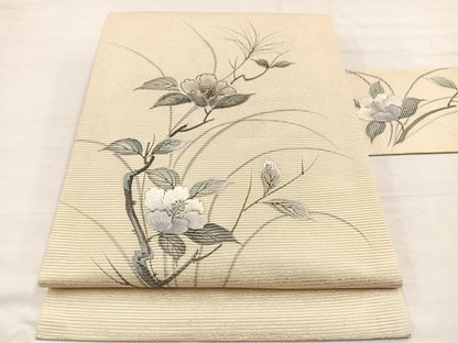 平和屋着物＊夏物　九寸名古屋帯　刺繍　手描き　枝花文　銀彩　正絹　逸品　BAAY4065hv