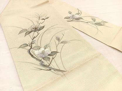 平和屋着物＊夏物　九寸名古屋帯　刺繍　手描き　枝花文　銀彩　正絹　逸品　BAAY4065hv