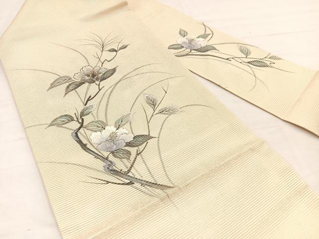 平和屋着物＊夏物　九寸名古屋帯　刺繍　手描き　枝花文　銀彩　正絹　逸品　BAAY4065hv