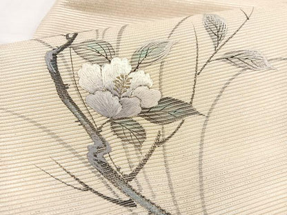 平和屋着物＊夏物　九寸名古屋帯　刺繍　手描き　枝花文　銀彩　正絹　逸品　BAAY4065hv