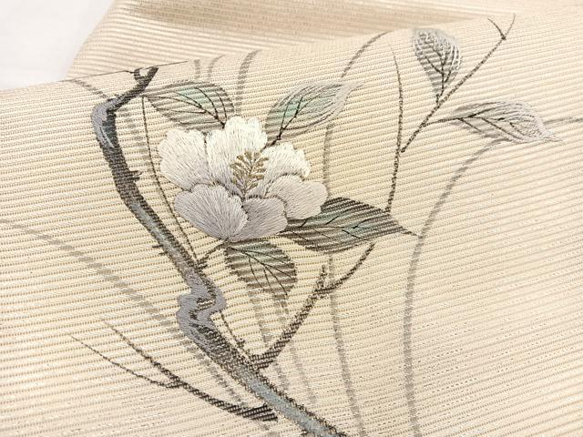 平和屋着物＊夏物　九寸名古屋帯　刺繍　手描き　枝花文　銀彩　正絹　逸品　BAAY4065hv