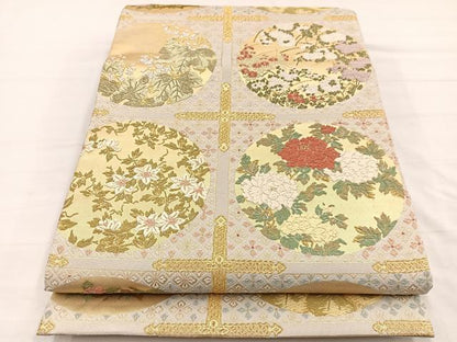 平和屋着物●六通柄袋帯　唐織　天井画四季草花図　金糸　正絹　逸品　BAAY4082hv