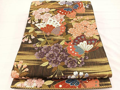 平和屋着物●六通柄袋帯　唐織　枝垂れ桜胡蝶紋　金糸　正絹　逸品　BAAY4086hv