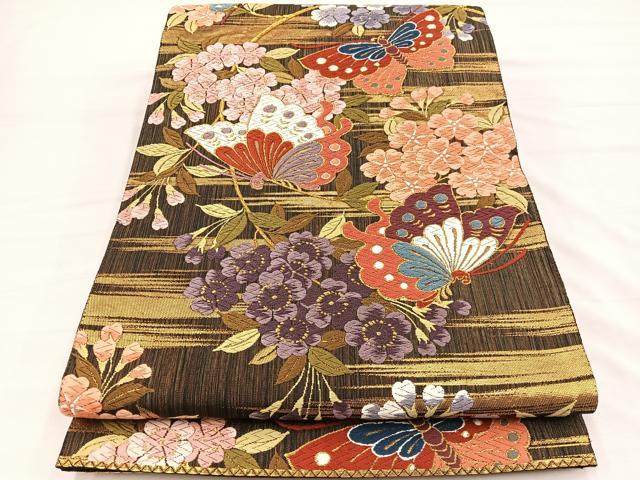 平和屋着物●六通柄袋帯　唐織　枝垂れ桜胡蝶紋　金糸　正絹　逸品　BAAY4086hv