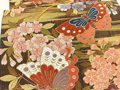 平和屋着物●六通柄袋帯　唐織　枝垂れ桜胡蝶紋　金糸　正絹　逸品　BAAY4086hv