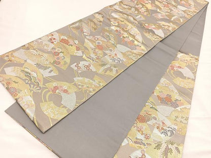 平和屋着物▼六通柄袋帯　唐織　扇面小花散らし文　金銀糸　正絹　逸品　BAAY4087hv