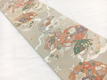 平和屋着物▼六通柄袋帯　唐織　鳳凰檜扇花文　金糸　正絹　逸品　未使用　BAAY4090hv