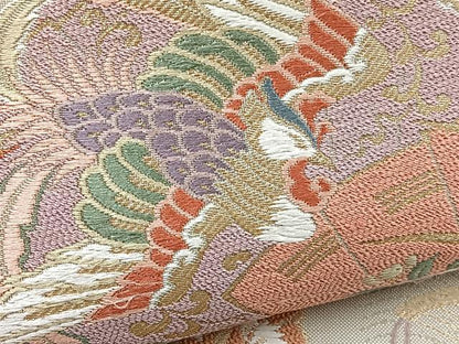 平和屋着物▼六通柄袋帯　唐織　鳳凰檜扇花文　金糸　正絹　逸品　未使用　BAAY4090hv