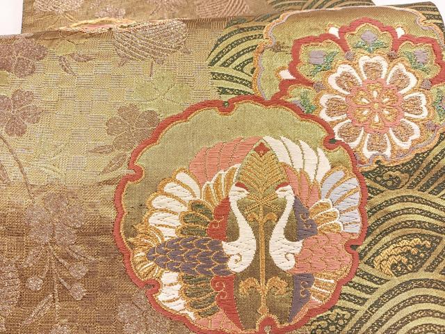 平和屋着物▼六通柄袋帯　唐織　廣悦　雪輪双鶴花文　金糸　正絹　逸品　BAAY4092hv