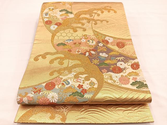 平和屋着物▼六通柄袋帯　唐織　立波宝尽くし　金糸　正絹　逸品　BAAY4096hv