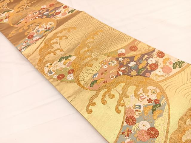 平和屋着物▼六通柄袋帯　唐織　立波宝尽くし　金糸　正絹　逸品　BAAY4096hv