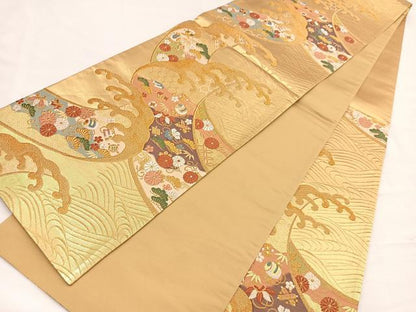 平和屋着物▼六通柄袋帯　唐織　立波宝尽くし　金糸　正絹　逸品　BAAY4096hv