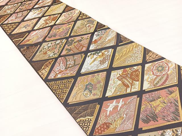 平和屋着物▼六通柄袋帯　唐織　菱天井風景文　金糸　正絹　逸品　BAAY4103hv
