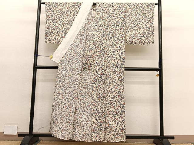 平和屋着物▽上質な小紋　単衣　花鳥文　正絹　逸品　未使用　BAAY4115hv