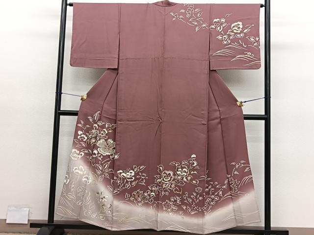 平和屋着物▽訪問着　単衣　刺繍　草花文　暈し染め　金彩　正絹　逸品　BAAY4119hv