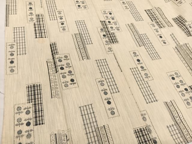 平和屋着物▽上質な紬　単衣　短冊格子花文　正絹　逸品　BAAY4120hv