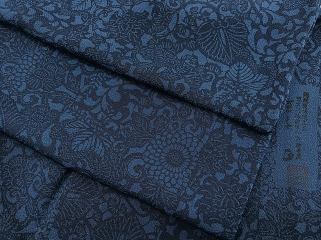 平和屋着物▽阿波藍染伝統工芸　日本植物染色研究員　金子正　小紋　単衣　阿波藍型染　花唐草文　鬼しぼ縮緬　正絹　逸品　BAAY4126hv