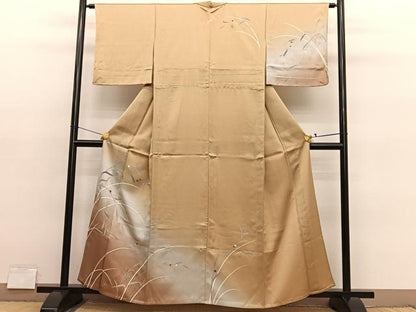 平和屋着物▽訪問着　単衣　駒刺繍　枝葉文　暈し染め　金彩　正絹　逸品　未使用　BAAY4130hv