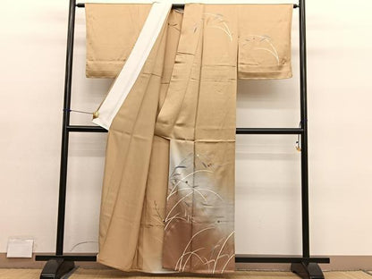 平和屋着物▽訪問着　単衣　駒刺繍　枝葉文　暈し染め　金彩　正絹　逸品　未使用　BAAY4130hv