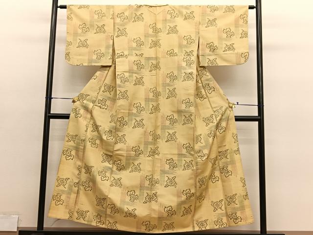 平和屋着物▽上質な紬　単衣　草花文　正絹　逸品　BAAY4132hv