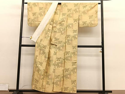 平和屋着物▽上質な紬　単衣　草花文　正絹　逸品　BAAY4132hv