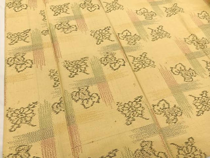 平和屋着物▽上質な紬　単衣　草花文　正絹　逸品　BAAY4132hv