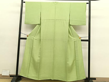 平和屋着物▽上質な色無地　単衣　紗綾形地紋　抹茶色　正絹　逸品　BAAY4133hv
