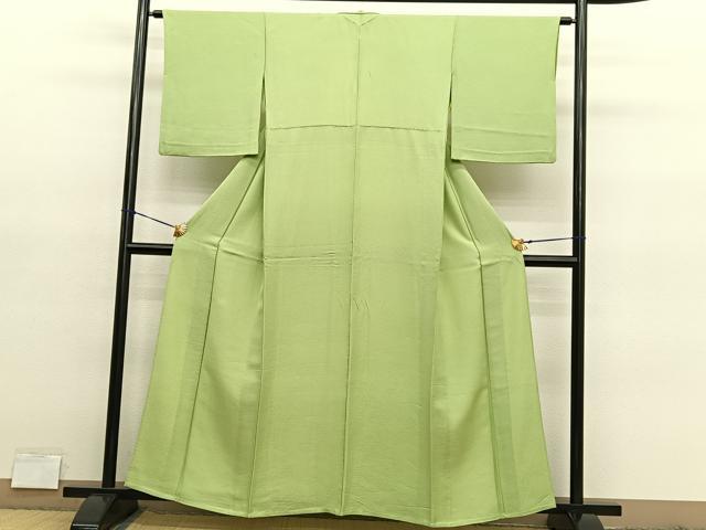 平和屋着物▽上質な色無地　単衣　紗綾形地紋　抹茶色　正絹　逸品　BAAY4133hv