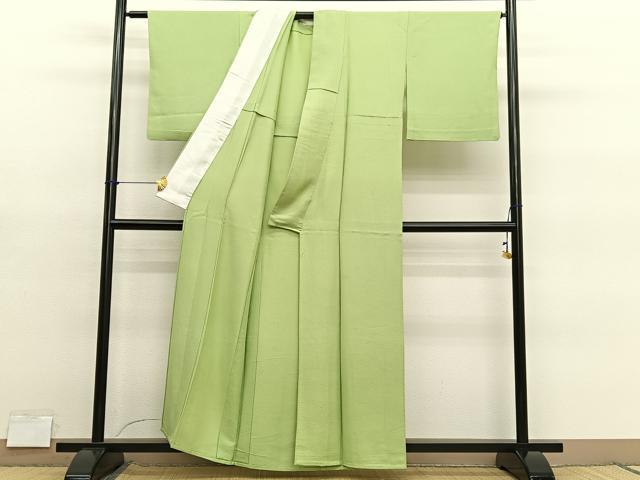 平和屋着物▽上質な色無地　単衣　紗綾形地紋　抹茶色　正絹　逸品　BAAY4133hv