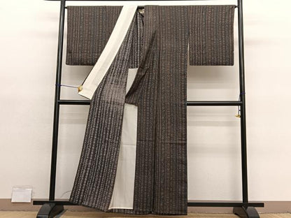 平和屋着物▽上質な小紋　単衣　紬地　花唐草間道　正絹　逸品　BAAY4145hv
