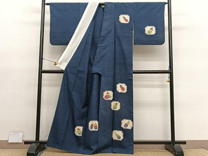 平和屋着物▽訪問着　単衣　紬地　成り物　茄子　正絹　逸品　BAAY4148hv