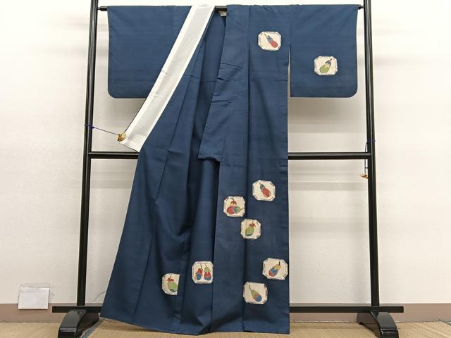 平和屋着物▽訪問着　単衣　紬地　成り物　茄子　正絹　逸品　BAAY4148hv