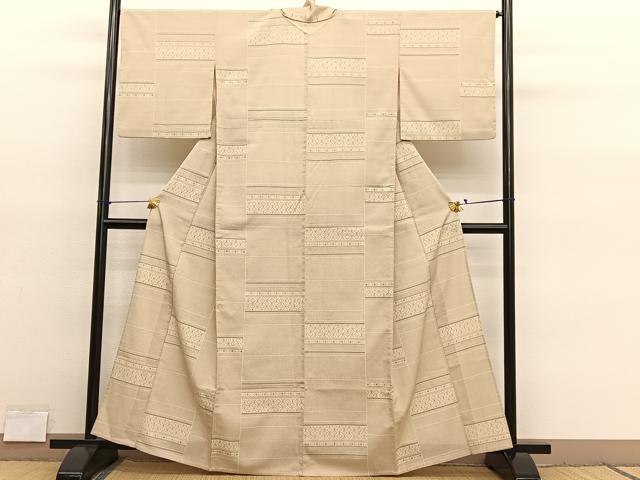 平和屋着物▽本塩沢　単衣　110亀甲　横段文　正絹　逸品　BAAY4152hv