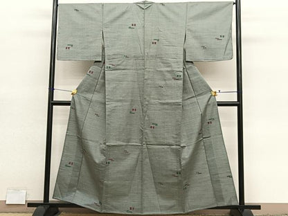 平和屋着物▽上質なお召　単衣　幾何学文様　正絹　逸品　BAAY4153hv