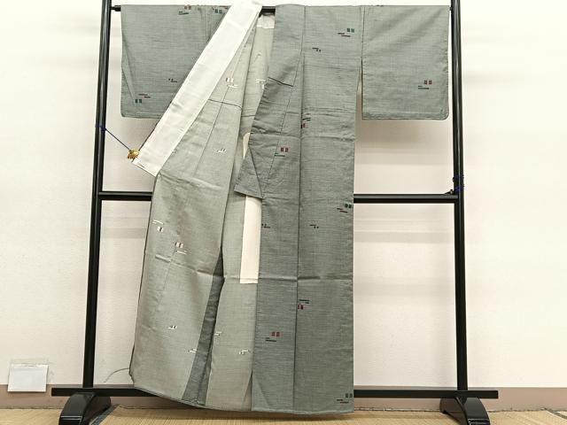 平和屋着物▽上質なお召　単衣　幾何学文様　正絹　逸品　BAAY4153hv