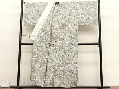 平和屋着物▽本場大島紬　単衣　白大島　総絣　御所解花文　正絹　逸品　BAAY4155hv