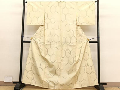 平和屋着物▽上質な紬　単衣　亀甲文　正絹　逸品　BAAY4163hv