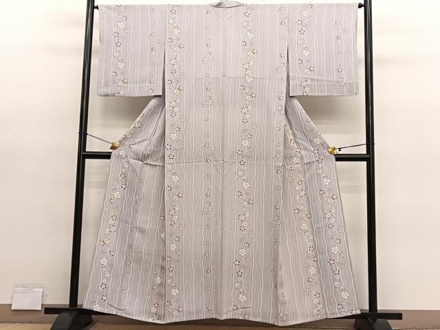 平和屋着物▽上質な小紋　単衣　桜よろけ縞　正絹　逸品　BAAY4169hv
