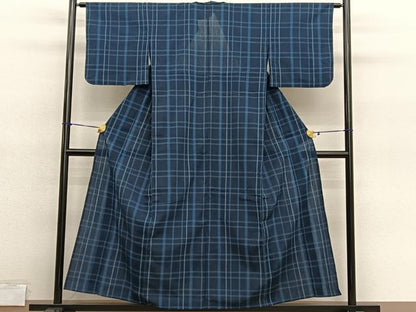 平和屋着物▽本塩沢　単衣　格子　正絹　逸品　BAAY4173hv