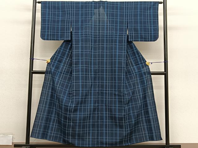 平和屋着物▽本塩沢　単衣　格子　正絹　逸品　BAAY4173hv