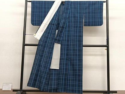 平和屋着物▽本塩沢　単衣　格子　正絹　逸品　BAAY4173hv