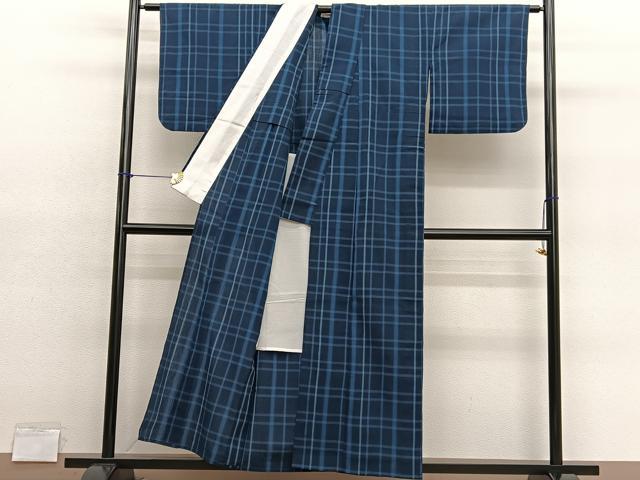 平和屋着物▽本塩沢　単衣　格子　正絹　逸品　BAAY4173hv