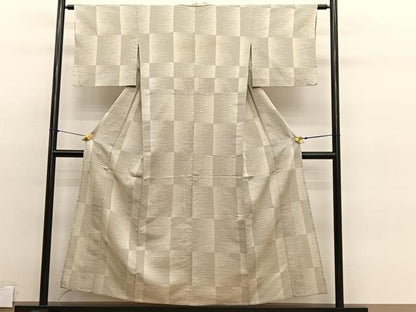 平和屋着物▽上質なお召　単衣　めがね織　横段文　正絹　逸品　BAAY4174hv