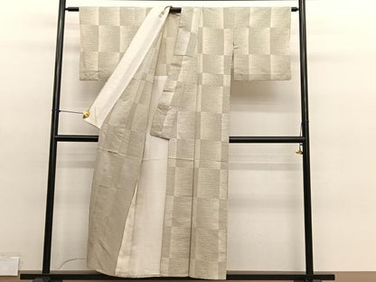 平和屋着物▽上質なお召　単衣　めがね織　横段文　正絹　逸品　BAAY4174hv