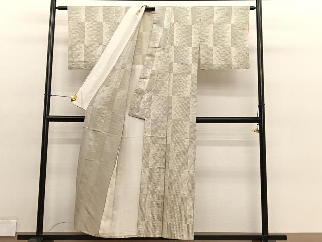 平和屋着物▽上質なお召　単衣　めがね織　横段文　正絹　逸品　BAAY4174hv