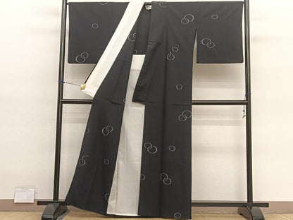 平和屋着物▽上質なお召　単衣　丸文　正絹　逸品　BAAY4176hv