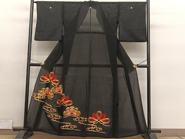 平和屋着物＊夏物　黒留袖　絽　総駒刺繍　流水松文　金糸　洗える着物　BAAY4181hv